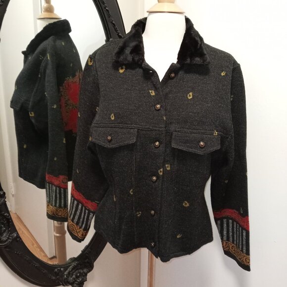 Eva & Claudi 100% Wool Unique Sweater Jacket Faux Fur Collar sz L  /B9 - Picture 2 of 10